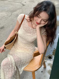 Purpdrank  Retro Fashion Beach Vacation Women's Waist Wrap Short Sleeve Chiffon Set Dress French Elegant Lady Mesh Sling Dress Set of Two