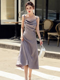 Purpdrank  Elegant Sling Satin Dresses For Women Summer Sleeveless Folds Purple Long Dress Vestidos