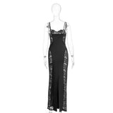 Purpdrank  Sexy Black Sheer Lace Panel Sling Maxi Dress Women's Sleeveless Hollow Out Slim Bodycon Party Gown Formal Prom Night Dress