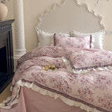 Purpdrank  500TC Egyptian Cotton Vintage French Rose Flowers Print Ruffles Bedding Set Duvet Cover Flat/Fitted Bed Sheet Pillowcases 4Pcs
