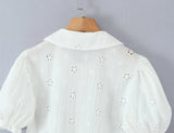 Purpdrank  Sweet White Embroidery Hollow Out Hole Splice Lace Peter Pan Collar Short Sleeve Shirt Women Ribbon Front Slim Crop Tops