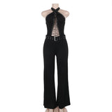 Purpdrank  Sexy Hole Drawstring Bandage Backless Women Rompers 2025 Fashion Ladies Halter Jumpsuits Straight Pant Outfit Goth Black Overall