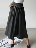 Purpdrank  Women's Angola Red Elastic Waist PU Leather Long Skirt, Elegant A-line Skirts, Ladies Fashion, Autumn, Winter