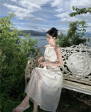 Purpdrank  Summer New Fairy Style Sweet Pure Slim Fit Slimming White Printed Embroidered Strap Dress for Women