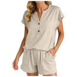 Purpdrank  Women Solid Color Two Piece Set V Neck Half Button Short Sleeve Top And High Waist Shorts With Pockets Soft Casual Office Suits