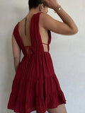 Purpdrank  Women Black Solid Sleeveless Elegant Deep V-Neck Backless Flowy Dress Formal Prom Gowns Party Dress Robe