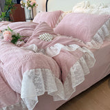 Purpdrank  Vintage French Carved Velvet Lace Ruffles Soft Warm Winter Bedding Set Duvet Cover Flat/Fitted Bed Sheet Pillowcases 4Pcs