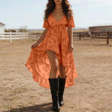 Purpdrank  Women's Retro Western Cowgirl Style Floral Summer Dress V Neck Puff Sleeve High Low Hem Ruffle Flowy Dress Elegant Party Dresses