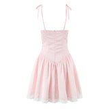 Purpdrank  Women Sexy Pink White Jacquard Floral Bow Lacing Up Sling Dress Low Waist Spliced Lace Ball Gown Mini Dresses Party Robe