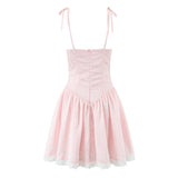 Purpdrank  Women Sexy Pink White Jacquard Floral Bow Lacing Up Sling Dress Low Waist Spliced Lace Ball Gown Mini Dresses Party Robe