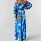 Purpdrank  Summer Sexy Off Shoulder Women Long Dress Vacation Style Blue Printed High Waist Bubble Sleeve Sexy Maxi Dresses