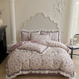 Purpdrank  500TC Egyptian Cotton Vintage French Rose Flowers Print Ruffles Bedding Set Duvet Cover Flat/Fitted Bed Sheet Pillowcases 4Pcs