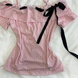 Purpdrank  Harajuku Slash Neck Pink Casual Tshirt Bow Lace Up Off Shoulder Slim Fit Summer Top American Vintage All-match Y2k Aesthetic Tee