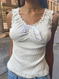 Purpdrank  Solid Ruffles V Neck Tank Tops Women Summer Lace-up Bow  Sleeveless Slim Crop Top Female Simple Casual Sweet Cotton Vest New