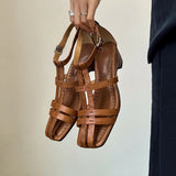 Purpdrank   New Summer Women Sandals Genuine Leather Women Shoes Square Toe Low Heel Shoes Narrow Band Cover Toe Modern Sandals
