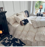 Purpdrank  Pink Luxury Princess Wedding Lace Ruffles 100% Cotton Bedding Set Duvet Cover Bed Sheet/Bed Skirt/Fitted Sheet Pillowcases 4Pcs