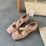 Purpdrank  Women's Elegant Pink Satin Ballet Shoes Square Toe Cross Strap Polka Dot Bow Mary Jane Shoes Inside Mid Heel Casual Pumps