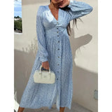 Purpdrank  S-XXL Women's Fashion V-neck Single Breasted  Long Party Dress Ladies Casual Printed Waist Comfortable Versatile Dress