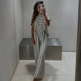Purpdrank  Loose Striped Set 2 Piece Woman Loose Round Neck Short Batwing Sleeve Pullover High Waist Long Trousers Casual Lady Suit Summer