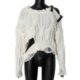 Purpdrank  Sexy Hole Hollow Out Tassel Crochet Cropped Sweater Women 2025 Autumn Winter Long Sleeve Buckle Belts Knitted Pullovers Female