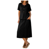 Purpdrank  Women Summer Skirts Two Piece Set Peter Pan Collar Short Sleeve Top And Midi Skirt With Pockets Cotton Linen Matching Sets