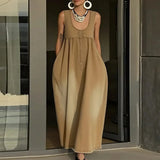 Purpdrank  Fashion Simple Button Pleated Vest Dress Summer Casual Pocket Solid Color Long Dress 2026 Women Elegant U-neck Loose Party Dress