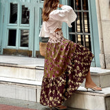 Purpdrank   Spring Summer Vacation Loose Long Skirt Elastic High Waist Hem Bohemian Women's Skirt Vintage Pattern Printed Pleated Half Skirt