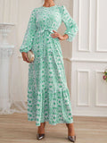 Purpdrank - Female Waistband Print O-Neck Casual Dresses Holiday Women Long Sleeve Maxi Dress Fashion Bohemian Long Robes