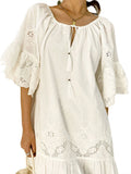 Purpdrank   White Lace Embroidered Dresses Women Summer Short Sleeve Tassle O-Neck Mini Dress Casual Loose Holiday Beach Boho Dress Vestidos