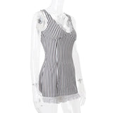 Purpdrank  y2k 2 Piece Set Women Summer Stripe Print Sleeveless Lace Trim V Neck Mini Bodycon Dress with Shorts 2000s Streetwear