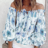 Purpdrank  Women Long Sleeve Off Shoulder Floral Print Summer Causal Lace Up Blouse Tops Shirts Female Blouses Sexy Casual Blouse For Women