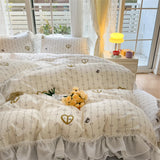 Purpdrank  Skin Friendly Printed Bedding Set With Lace Duvet Cover Bed Sheet Pillowcases A-Class Four Piece Set Bedroom Decor Home Textiles