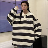Purpdrank  Japanese Striped Polo Shirt Sweater for Women Loose Korean Style Spring Autumn Casual BF Salt Coat