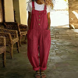 Purpdrank  Hollow Off Shoulder Solid Summer Romper Sleeveless Button Pocket Wide-leg Playsuit Cotton Linen Suspender Casual Women Jumpsuits