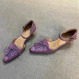 Purpdrank  Purple Retro Leather Pu Women Pumps Fashion Lace Design Bow Low Heel Sandals Elegant Pointed Toe Ankle Belt Buckle High Heels