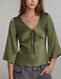 Purpdrank   Spring New Women's Elegant Satin Blouse V Neck Tie Front Flared Bell Sleeve Fitted Waist Top Chic Office Party Blouse