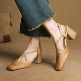 Purpdrank  New Size 34-40 Women Vintage Sandals Real Leather Retro Square Tor High Heels Summer Shoes Slingback T-Strap Office Daily