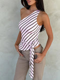 Purpdrank  Women's Sleeveless Top T-Shirt Blouse Ruffled Summer Asymmetrical Shoulder Fashion Bandeau Outerwear Irregular Sexy Striped