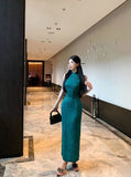 Purpdrank  Vintage Peacock Blue Green Sleeveless Dress Qipao New Chinese Style Printed Long Elegant Floral Print Cheongsam Slim Morden