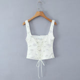 Purpdrank  Summer Sexy Floral Print Corset Camis Women Cross Lacing Up Bandage Bow Back Tank Top Slim Fit Vest Tee