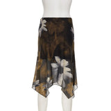 Purpdrank  Brown Floral Print Mesh Asymmetrical Skirt Low Rise Midi Skirts Woman Fall Fashion 2000s Clothing Y2k Clothing