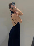Purpdrank  Women's Evening Dresses Halter Backless Long Dress Autumn Female Velvet Sleeveless Slim Pleat Partywear Chic Ladies Vestido