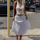 Purpdrank  Sexy White Red Fruit Tie Bow Halter V neck Open Buttons Slim Tank Top Women Spliced Lace Hem Sleeveless Backless Tee Summer Vest