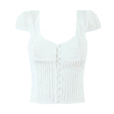 Purpdrank  White Embroidery Hollow Out Dot Short Sleeve Tank Women Open Through Buttons Pleated Front Slim fit Tank Top Crop Tops