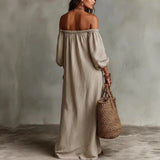 Purpdrank  Bohemian Off Shoulder Puff Sleeve Long Dresses Woman Spring Striped Print Loose Maxi Dress Summer Hollow Pocket Beach Dress