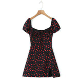 Purpdrank  French Retro Black Print Bow Square Collar Short Elastic Puff Dress Women Zipper Back Slim Waist Slit Hem Mini Dresses Robe Blue