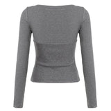 Purpdrank  Casual Solid T Ribbed Shirt Basic Slim-Fit U-Neck Long Sleeve Tees Women Autumn Spring Fashion Streetwear Layering Tops