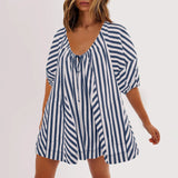 Purpdrank  Summer New Womens Fashionable Deep V-neck Tie Up Short Sleeved Striped Printed Jumpsuit Shorts Loose Casual Wide Leg Capris