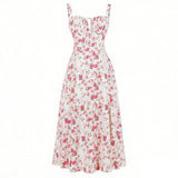 Purpdrank  Women's Floral Print Spaghetti Strap Maxi Dress Slim Fit Tie Front Ruched Vintage Boho Dresses Holiday Vacation Summer Sundress