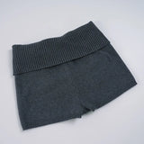 Purpdrank  Women Casual Gray Knit Shorts American Retro Style Folded Slit Elastic Waist Slim Pure Color Stretch Shorts for Home Wear